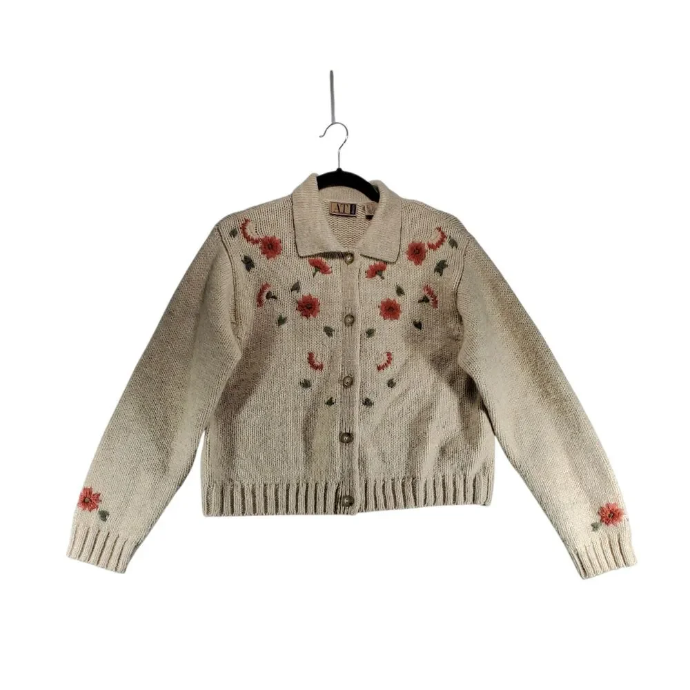 L Ann Taylor Denim Wool Blend Cardigan Sweater Collar Button Floral Embroidered